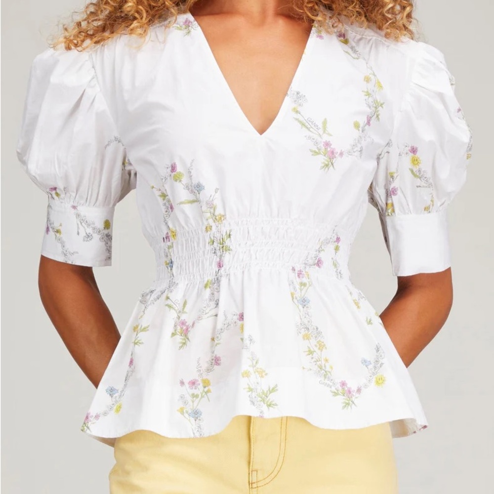Ganni White Peplum Blouse with Puff Sleeves